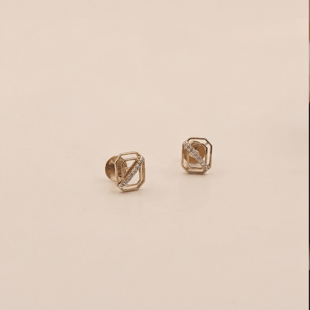 Modern Architectural Geometric Diamond Stud Earrings in 18K Rose Gold