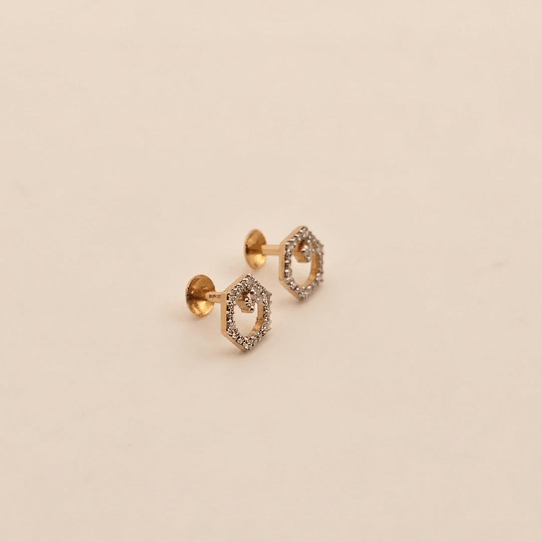 Geometric Open Hexagon Diamond Stud Earrings in 18K Rose Gold