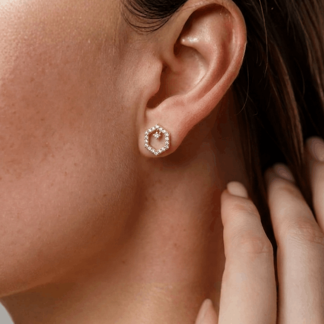 Geometric Open Hexagon Diamond Stud Earrings in 18K Rose Gold