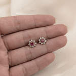Load image into Gallery viewer, Vibrant Pink Zirconia &amp; Diamond Floral Halo Stud Earrings in 18K Yellow Gold
