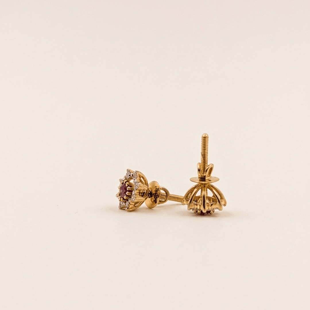 Vibrant Pink Zirconia & Diamond Floral Halo Stud Earrings in 18K Yellow Gold