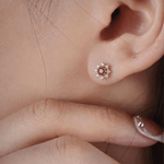 Load image into Gallery viewer, Vibrant Pink Zirconia &amp; Diamond Floral Halo Stud Earrings in 18K Yellow Gold

