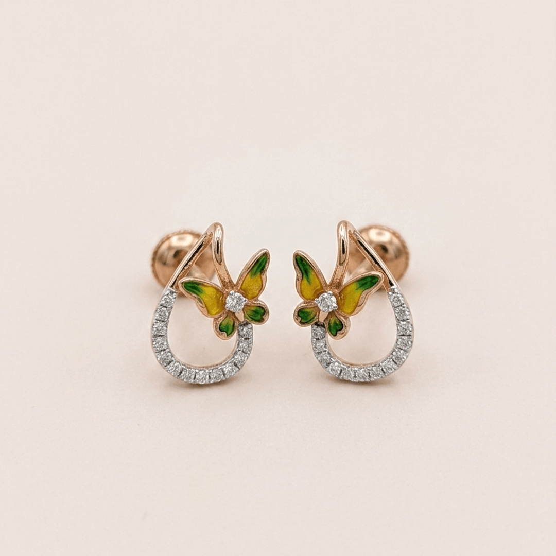 Enchanting Enamel Butterfly Open Hoop Diamond Stud Earrings in 18K Rose Gold