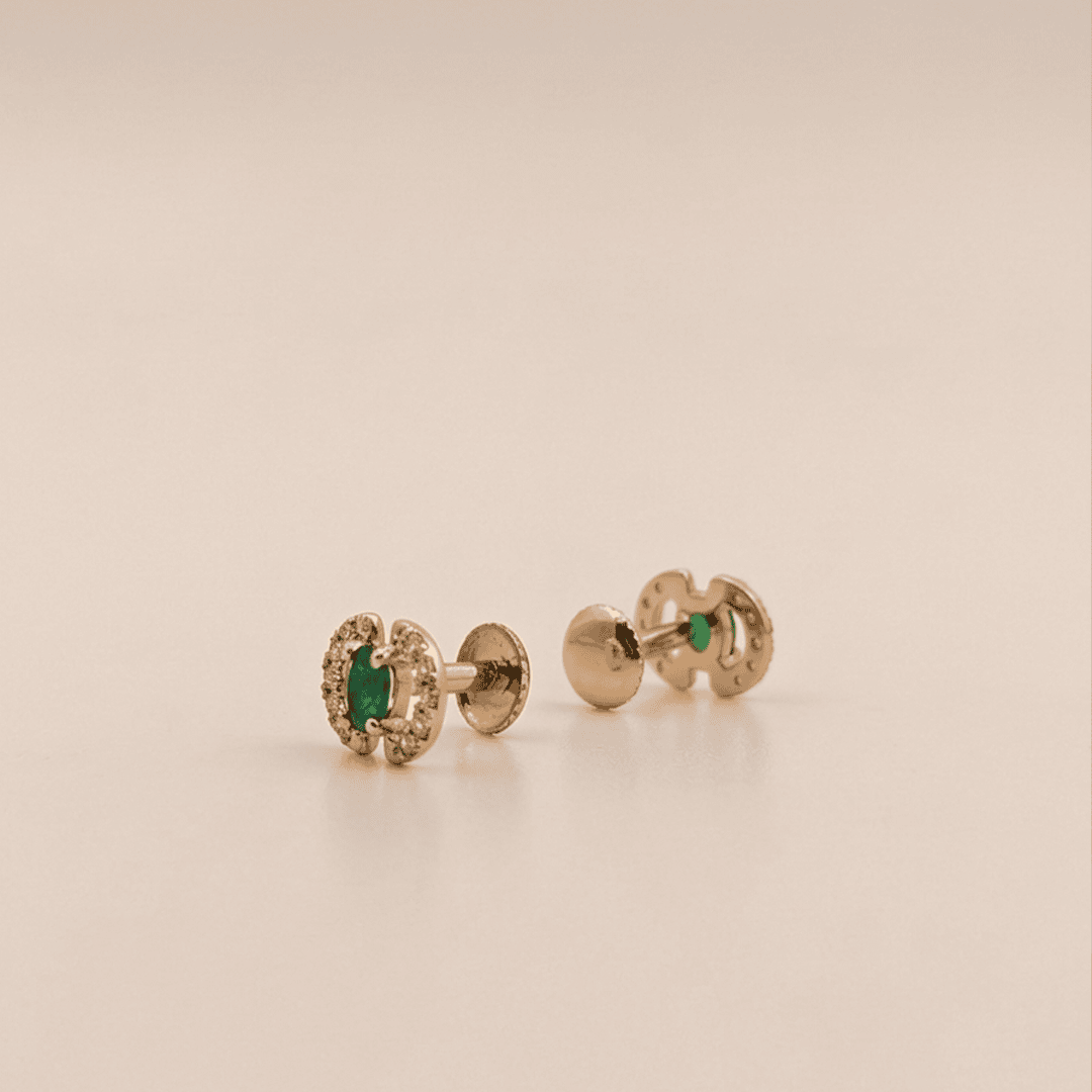 Vibrant Green Oval Gem & Diamond Crescent Stud Earrings in 18K Rose Gold