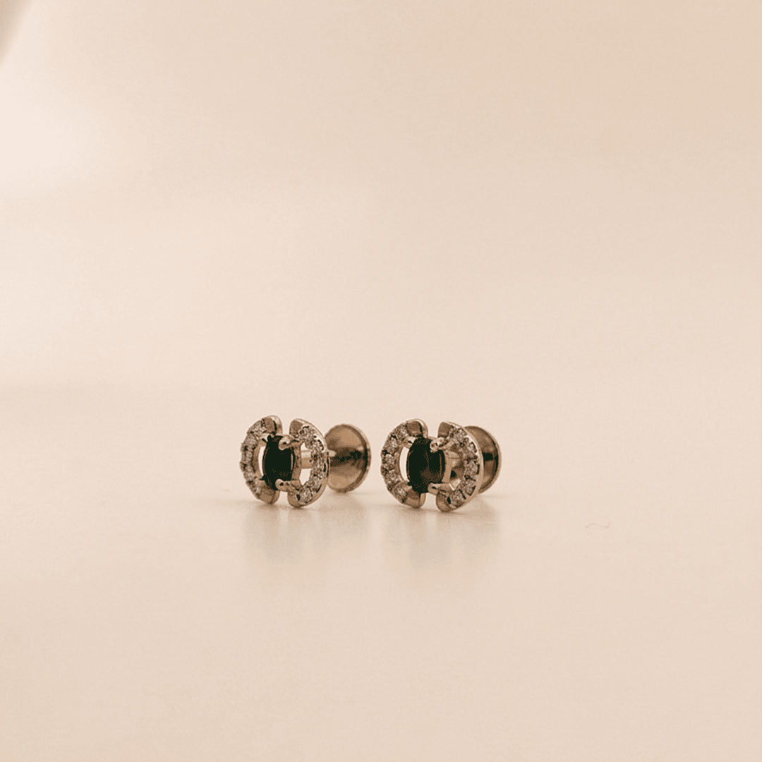Vibrant Green Oval Gem & Diamond Crescent Stud Earrings in 18K Rose Gold