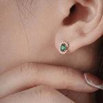 Load image into Gallery viewer, Vibrant Green Oval Gem &amp; Diamond Crescent Stud Earrings in 18K Rose Gold
