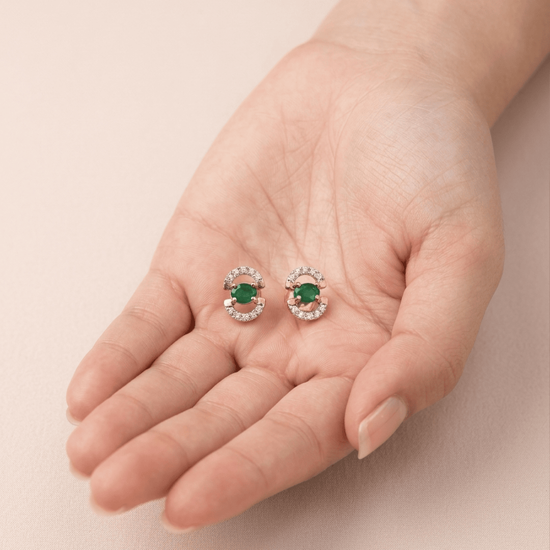 Vibrant Green Oval Gem & Diamond Crescent Stud Earrings in 18K Rose Gold