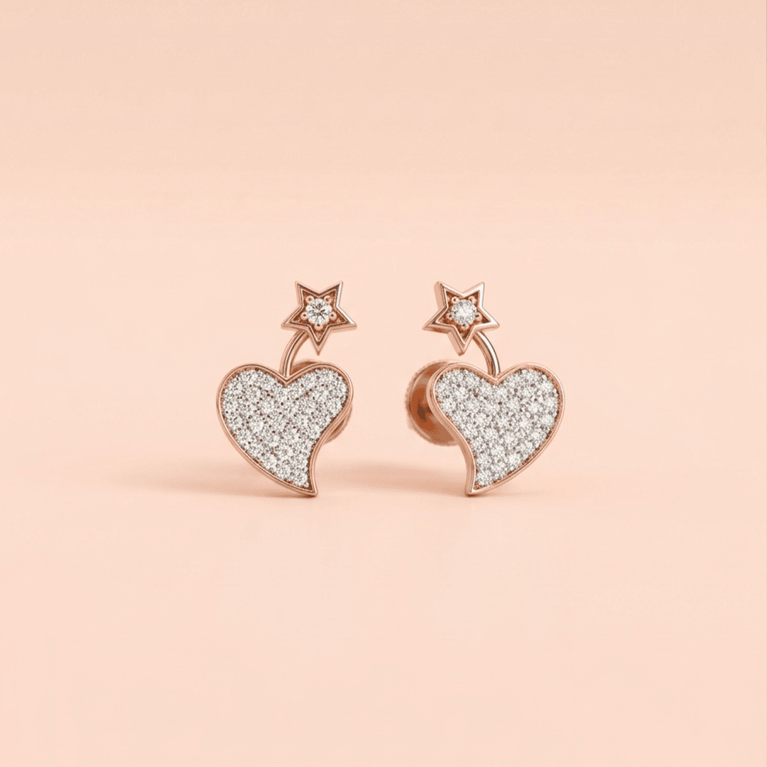 Whimsical Star & Pavé Heart Diamond Stud Earrings in 18K Rose Gold