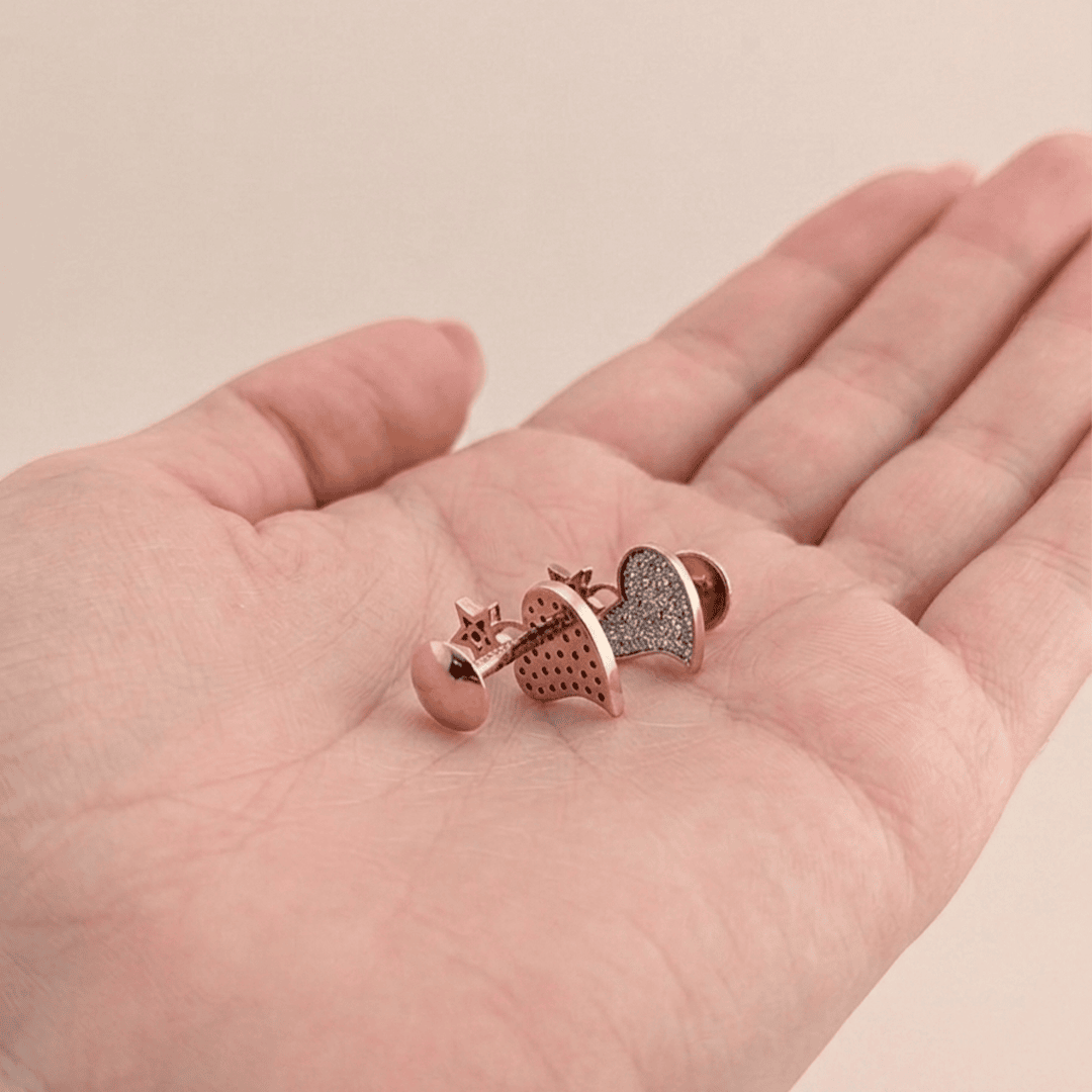 Whimsical Star & Pavé Heart Diamond Stud Earrings in 18K Rose Gold