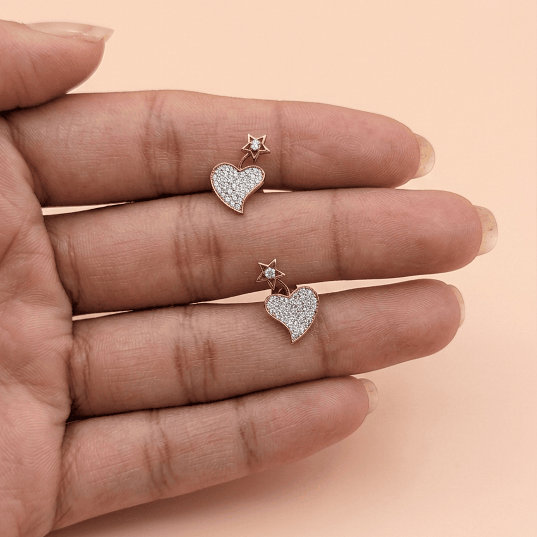 Whimsical Star & Pavé Heart Diamond Stud Earrings in 18K Rose Gold