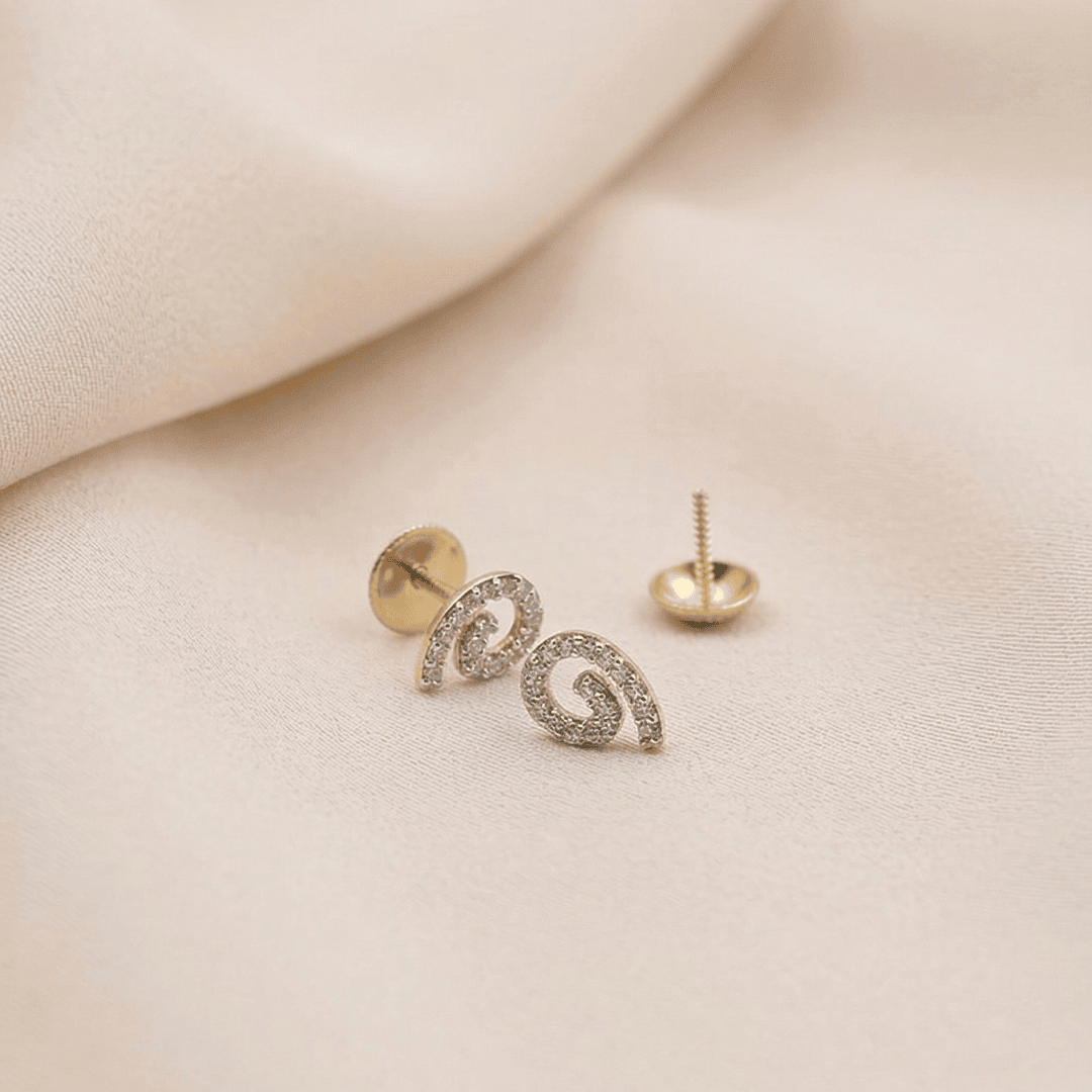 Delicate Swirl Diamond Stud Earrings in 18K Yellow Gold