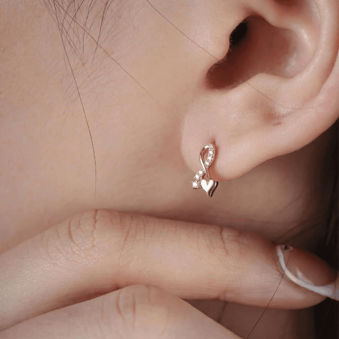 Diamond Infinity Ribbon & Heart Stud Earrings in 18K Rose Gold
