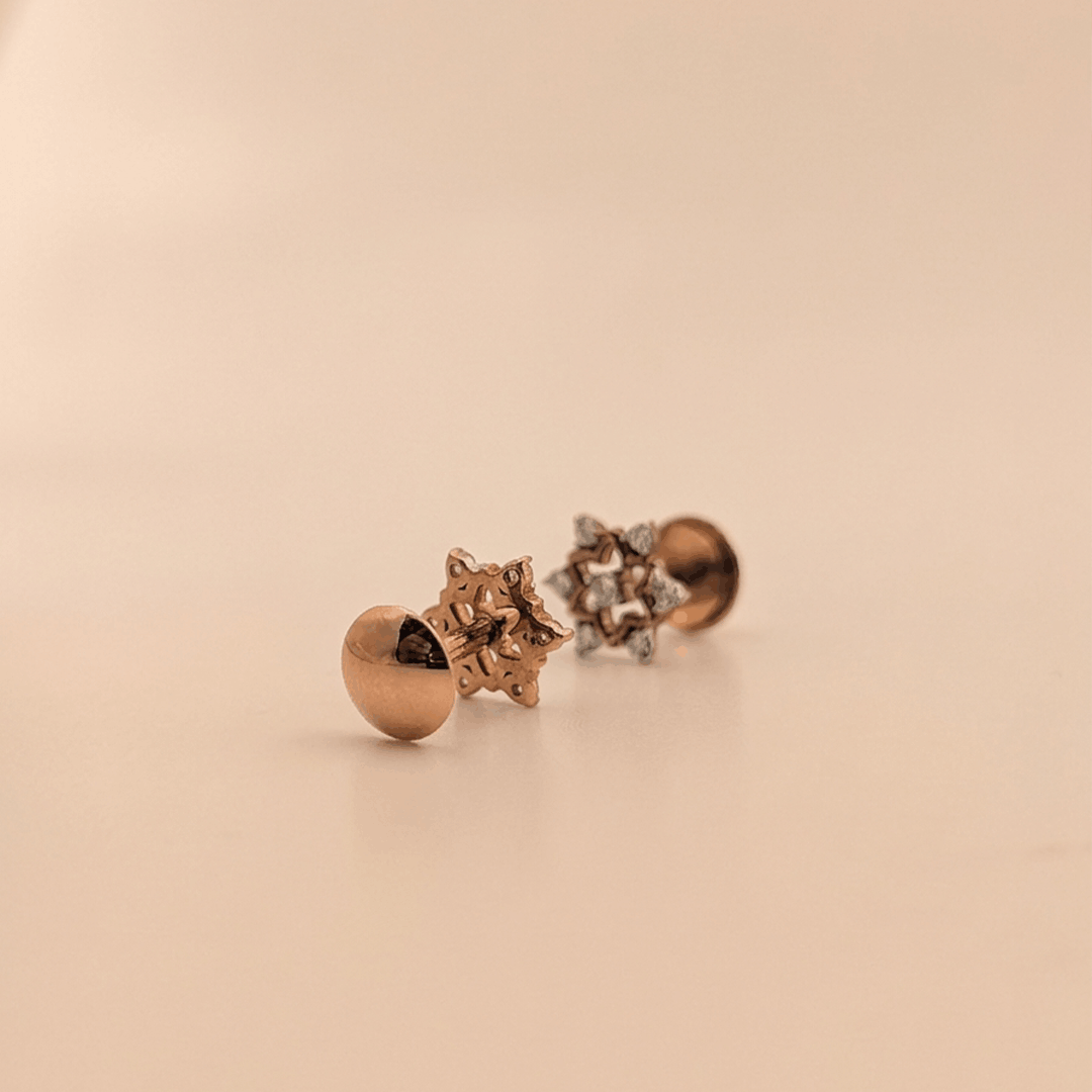 Geometric Floral Star Diamond Stud Earrings in 18K Rose Gold