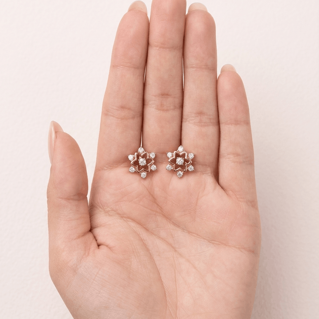 Geometric Floral Star Diamond Stud Earrings in 18K Rose Gold