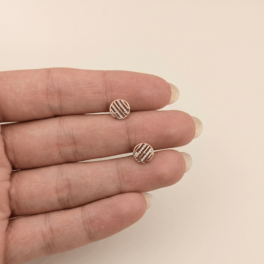 Modern Geometric Striped Disc Diamond Stud Earrings in 18K Rose Gold