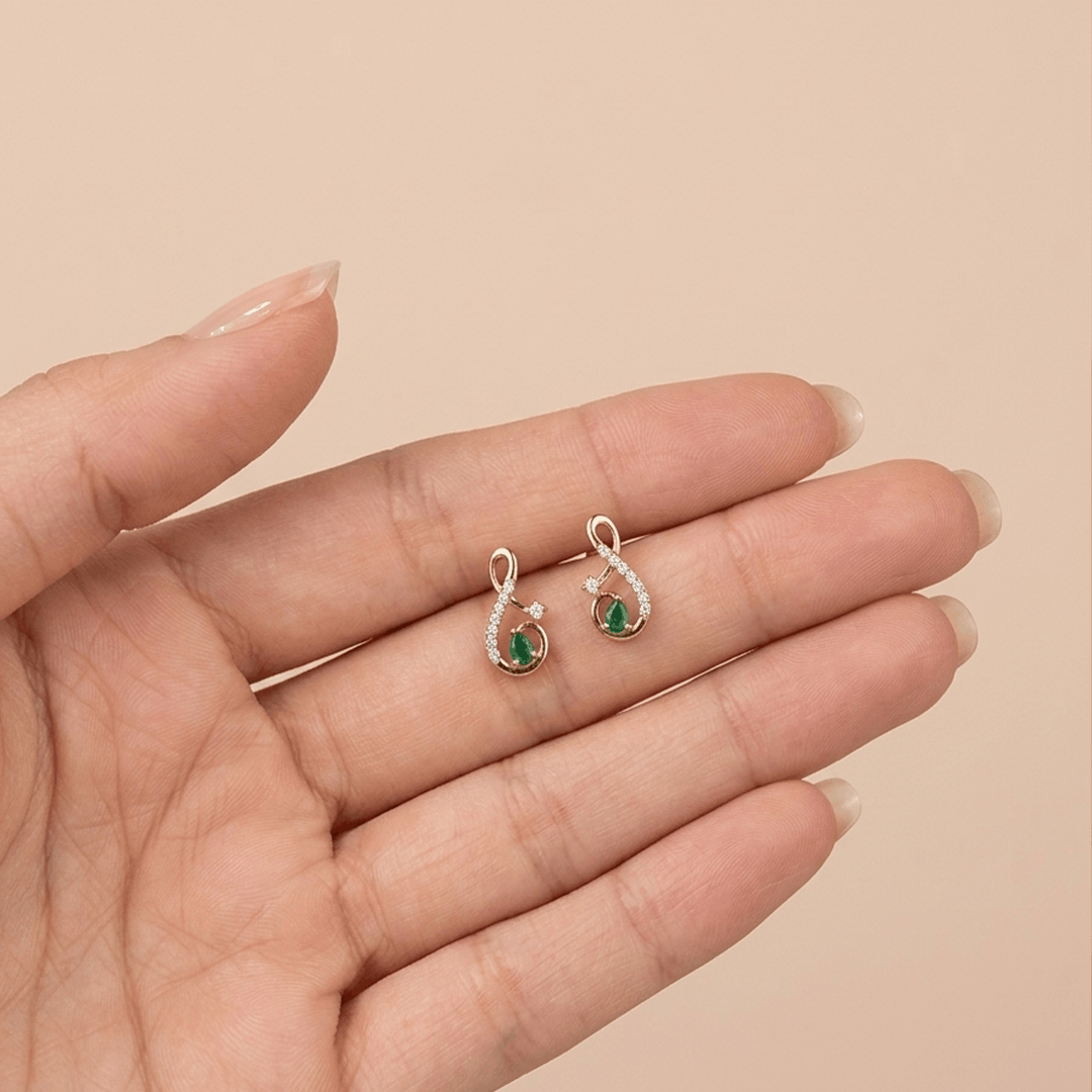 Pear-Cut Synthetic Emerald & Diamond Infinity Swirl Stud Earrings in 18K Yellow Gold