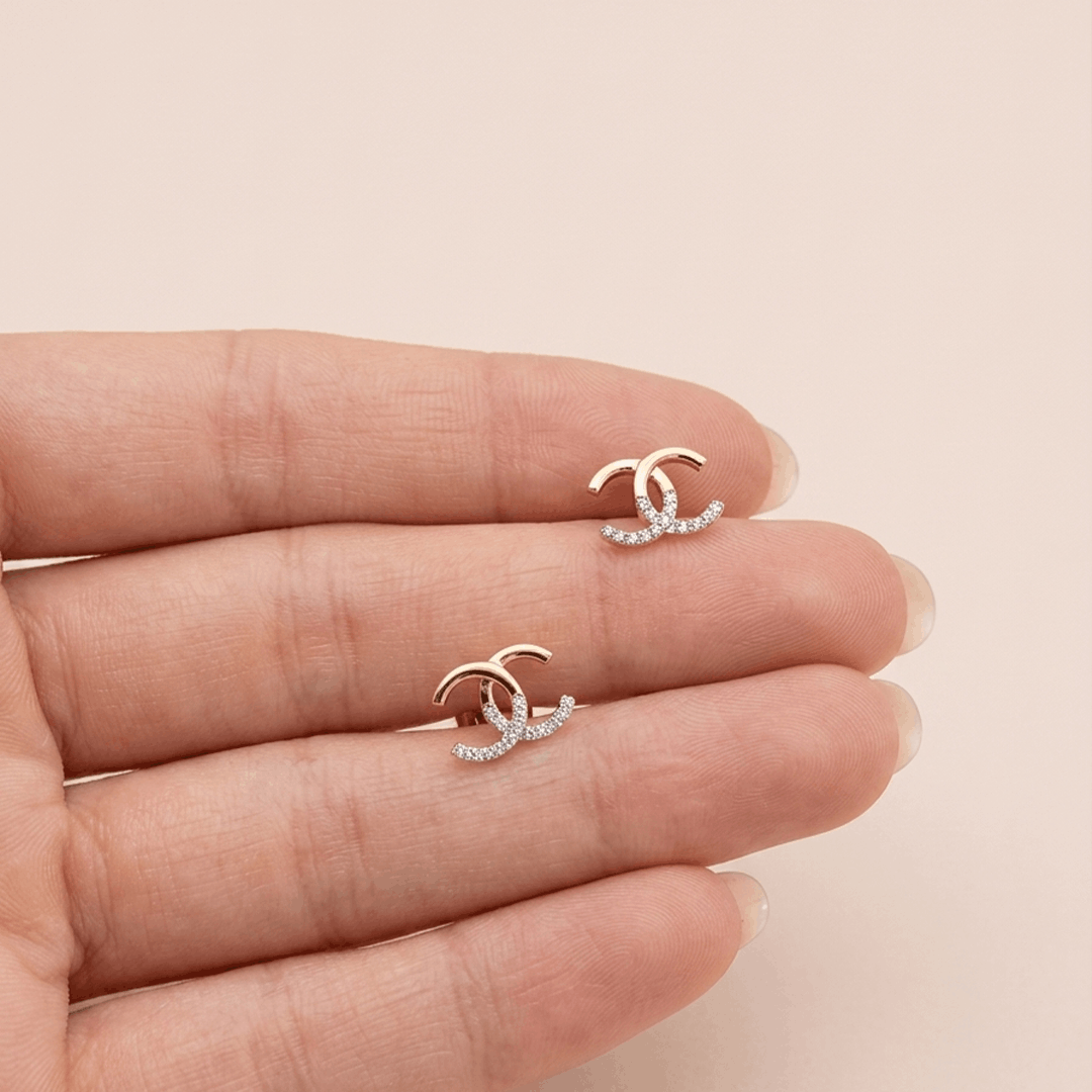 Elegant Interlocking Double Crescent Diamond Stud Earrings in 18K Rose Gold