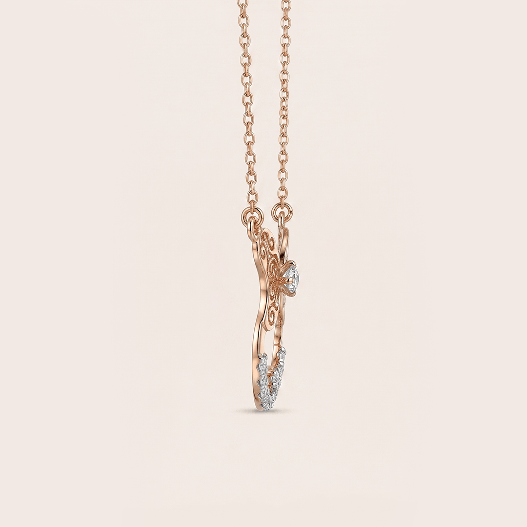 Filigree Butterfly & Diamond Crescent Necklace in 18K Rose Gold