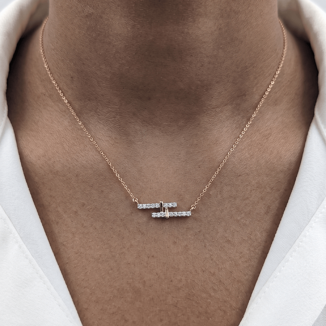 Modern Asymmetrical Double Bar Diamond Necklace in 18K Rose Gold