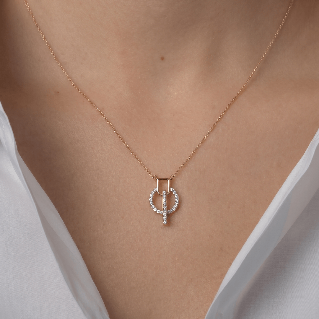 Modern Interlocking Halo & Linear Drop Diamond Necklace in 18K Rose Gold