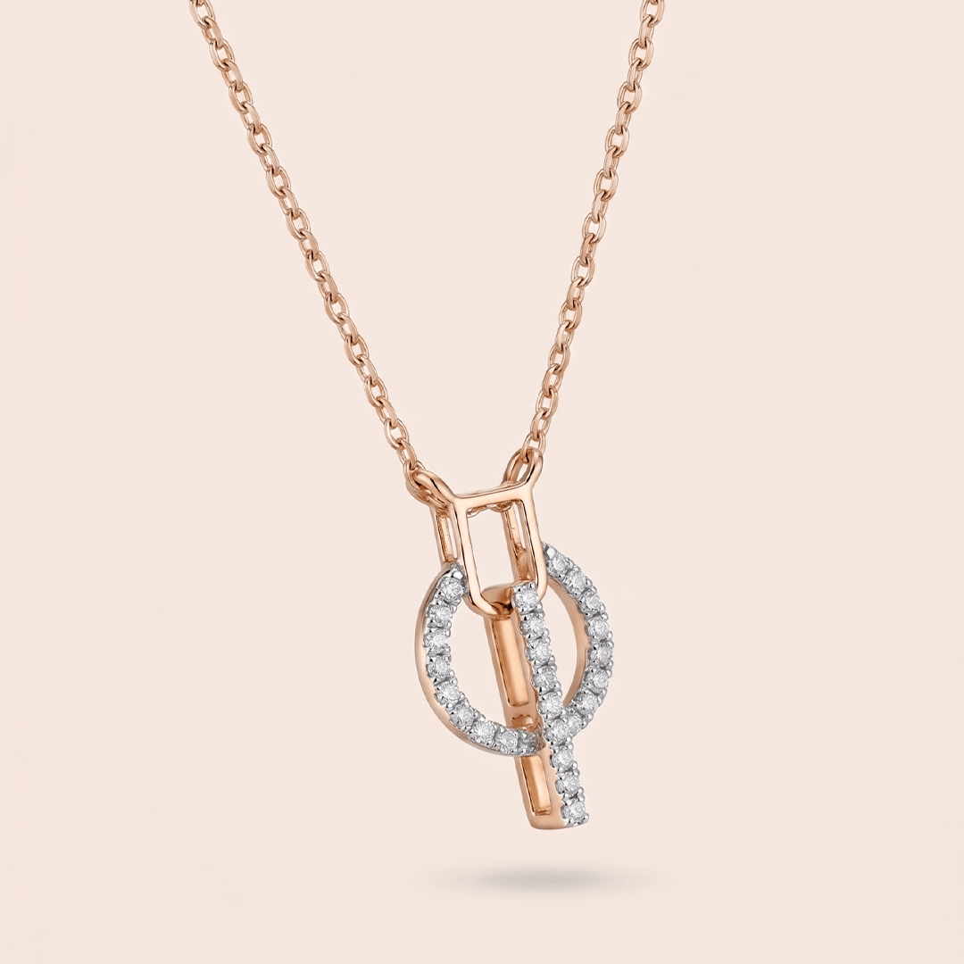 Modern Interlocking Halo & Linear Drop Diamond Necklace in 18K Rose Gold