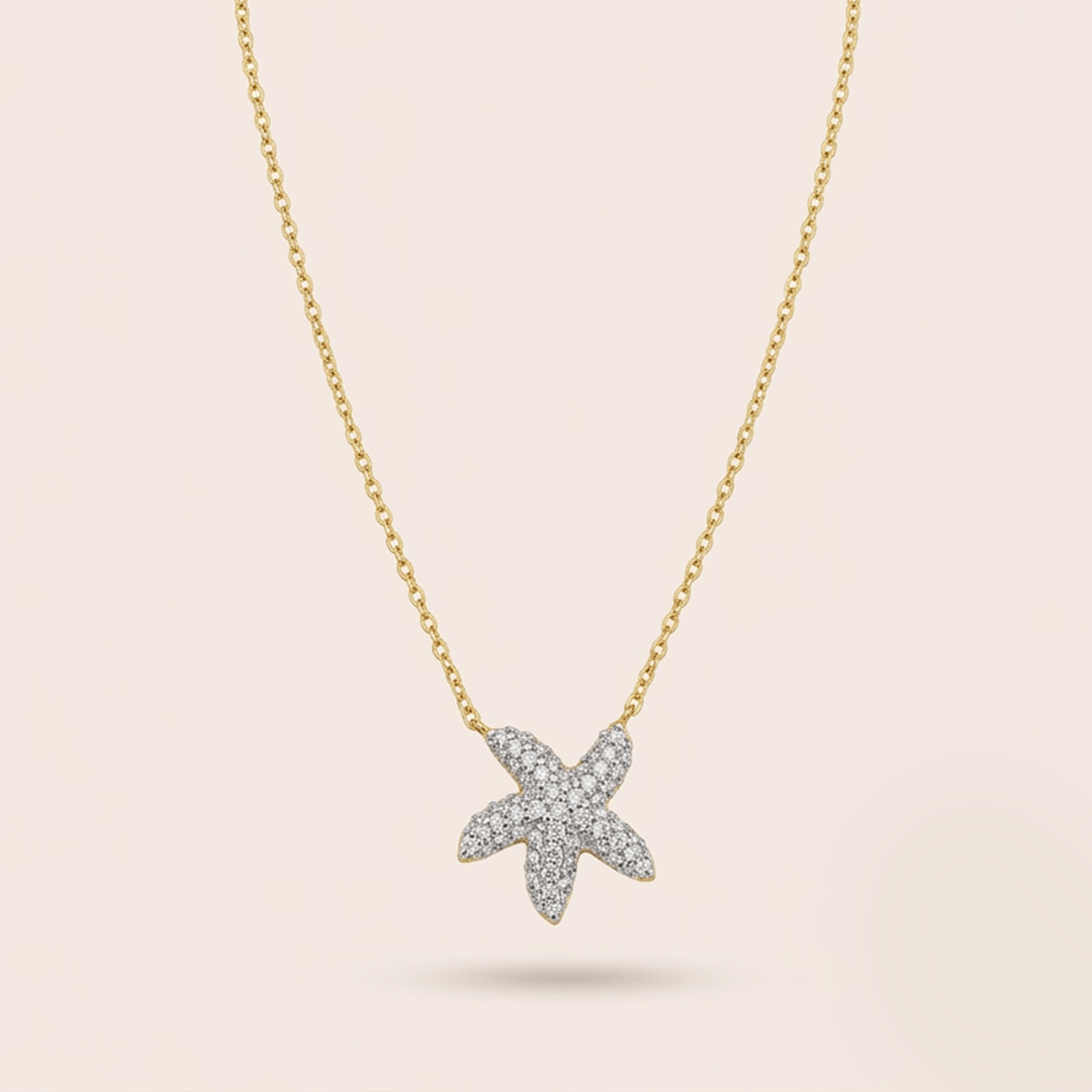 Sparkling Pavé Diamond Starfish Necklace in 18K Yellow Gold