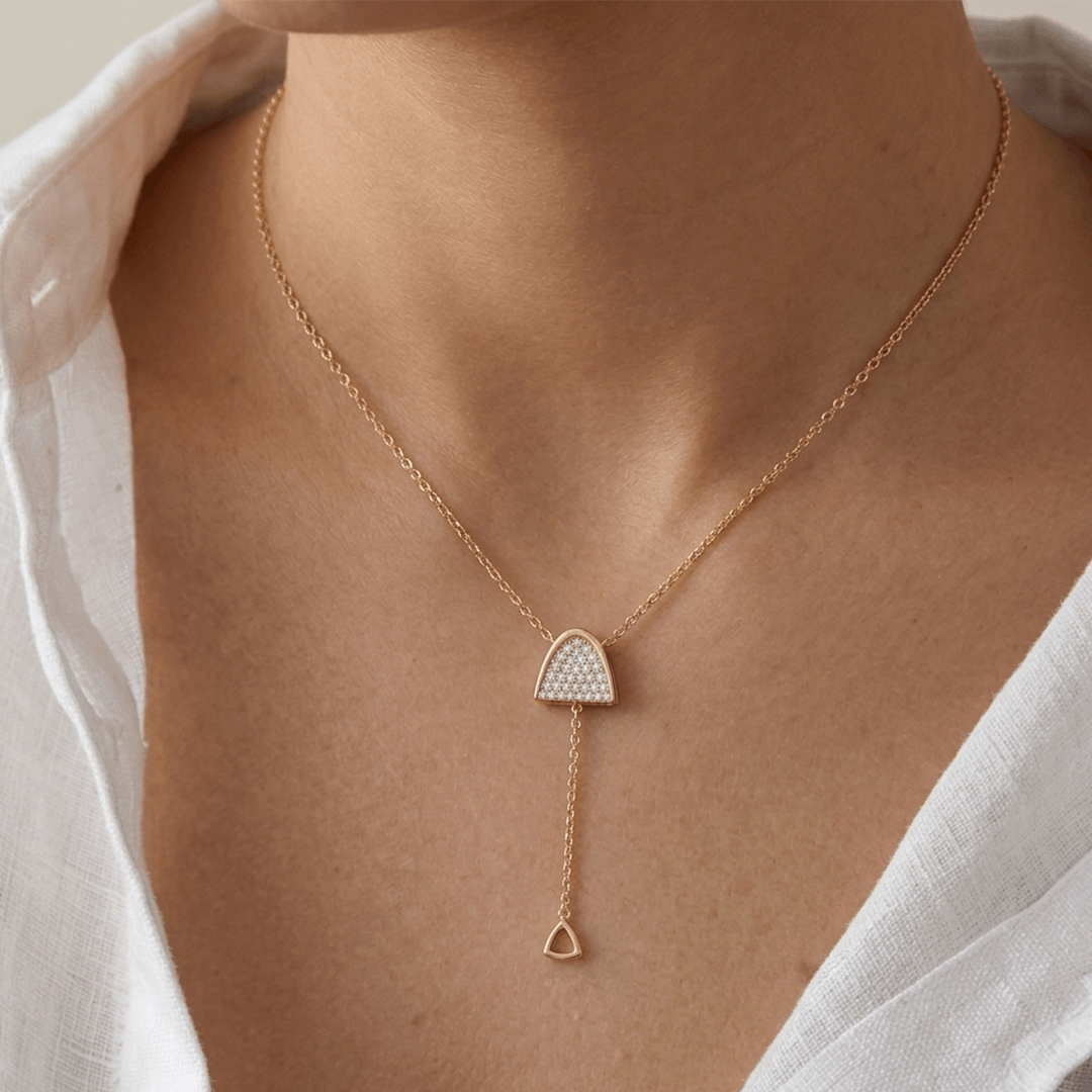 Modern Pavé Arch & Triangle Drop Lariat Necklace in 18K Yellow Gold