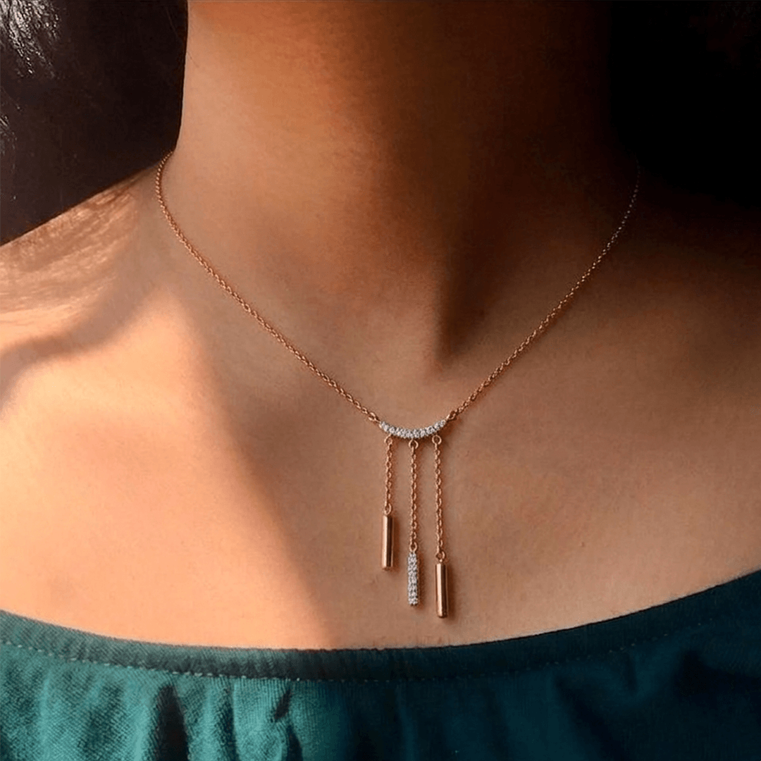 Modern Crescent & Linear Drop Fringe Diamond Necklace in 18K Rose Gold