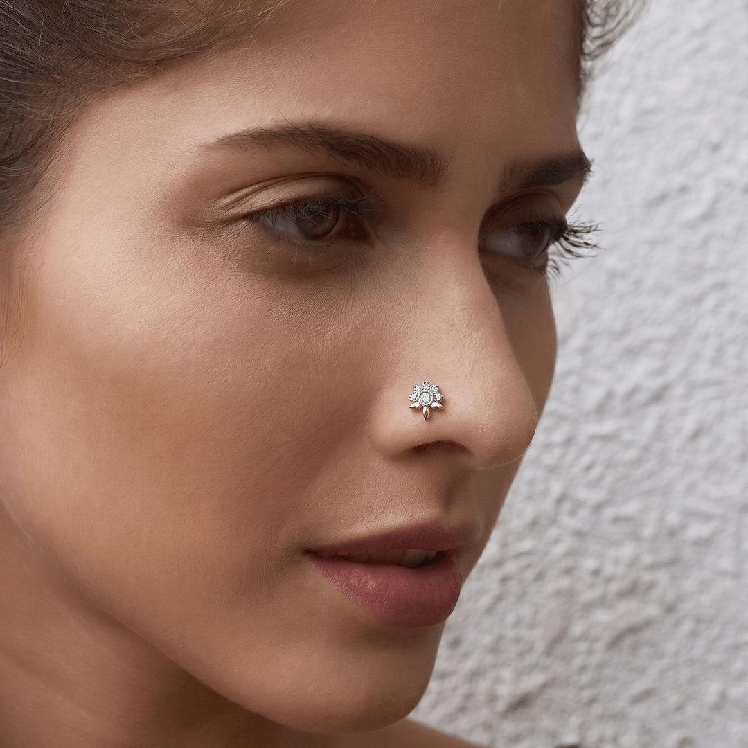 Delicate diamond half bloom lotus nose pin in 18k yellow gold
