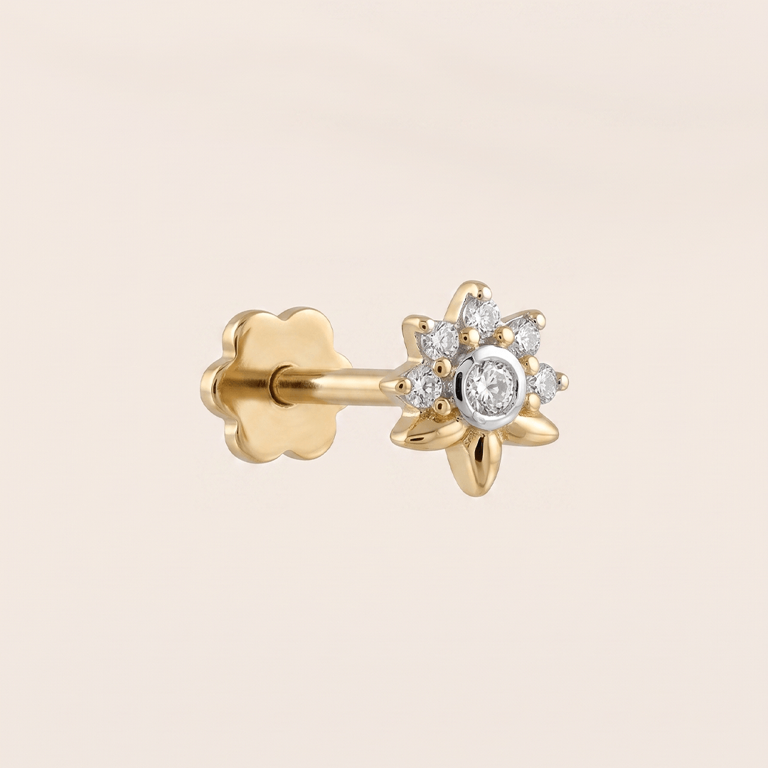 Delicate Diamond Half-Bloom Lotus Nose Pin in 18K Yellow Gold