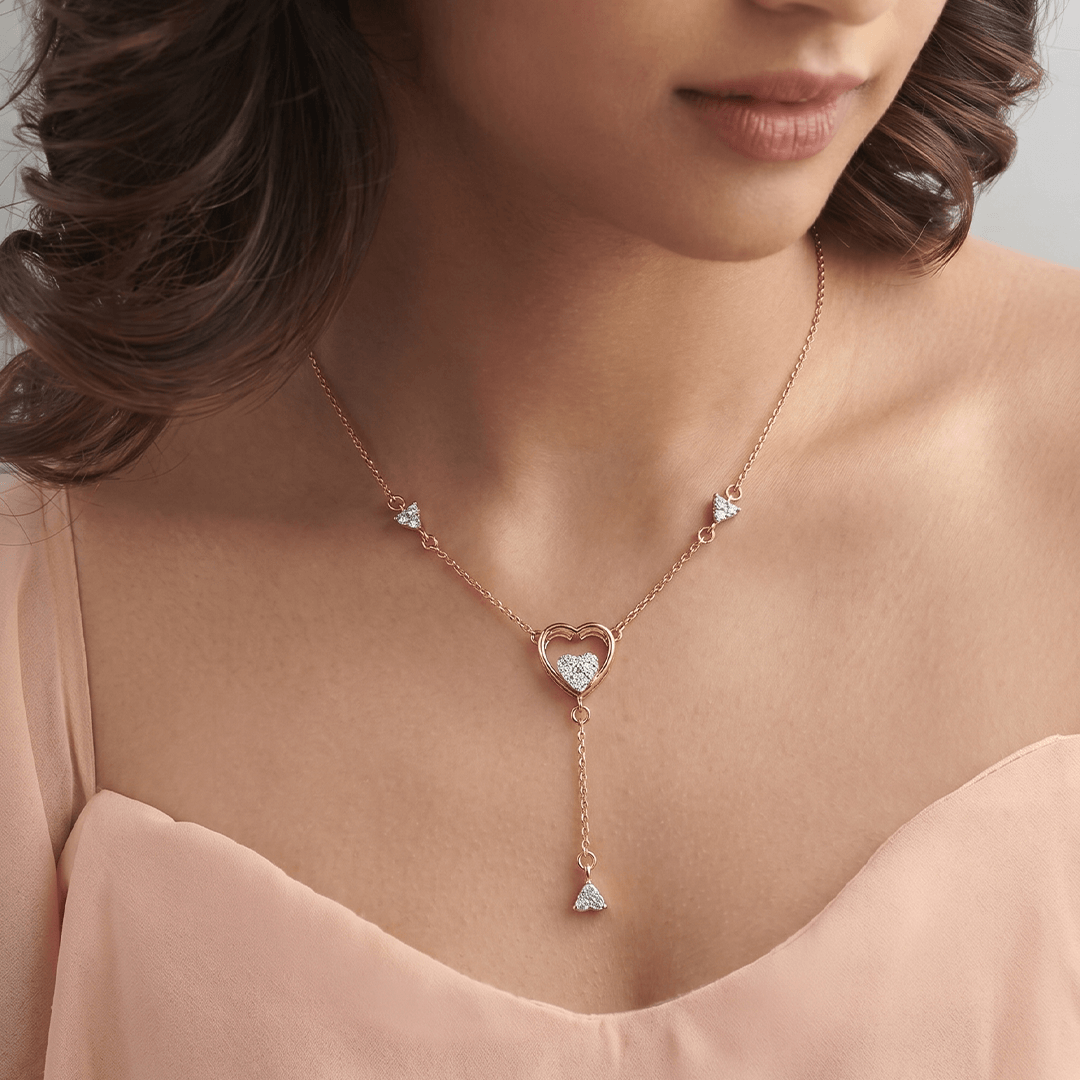 Romantic Nested Heart Diamond Lariat Necklace in 18K Rose Gold
