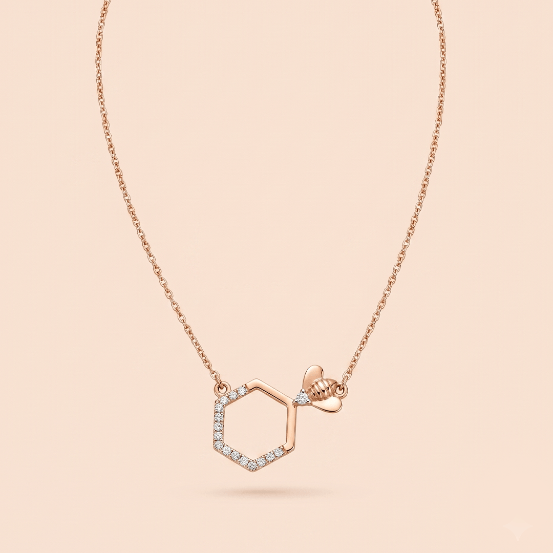 Charming Honeycomb & Bee Diamond Necklace in 18K Rose Gold