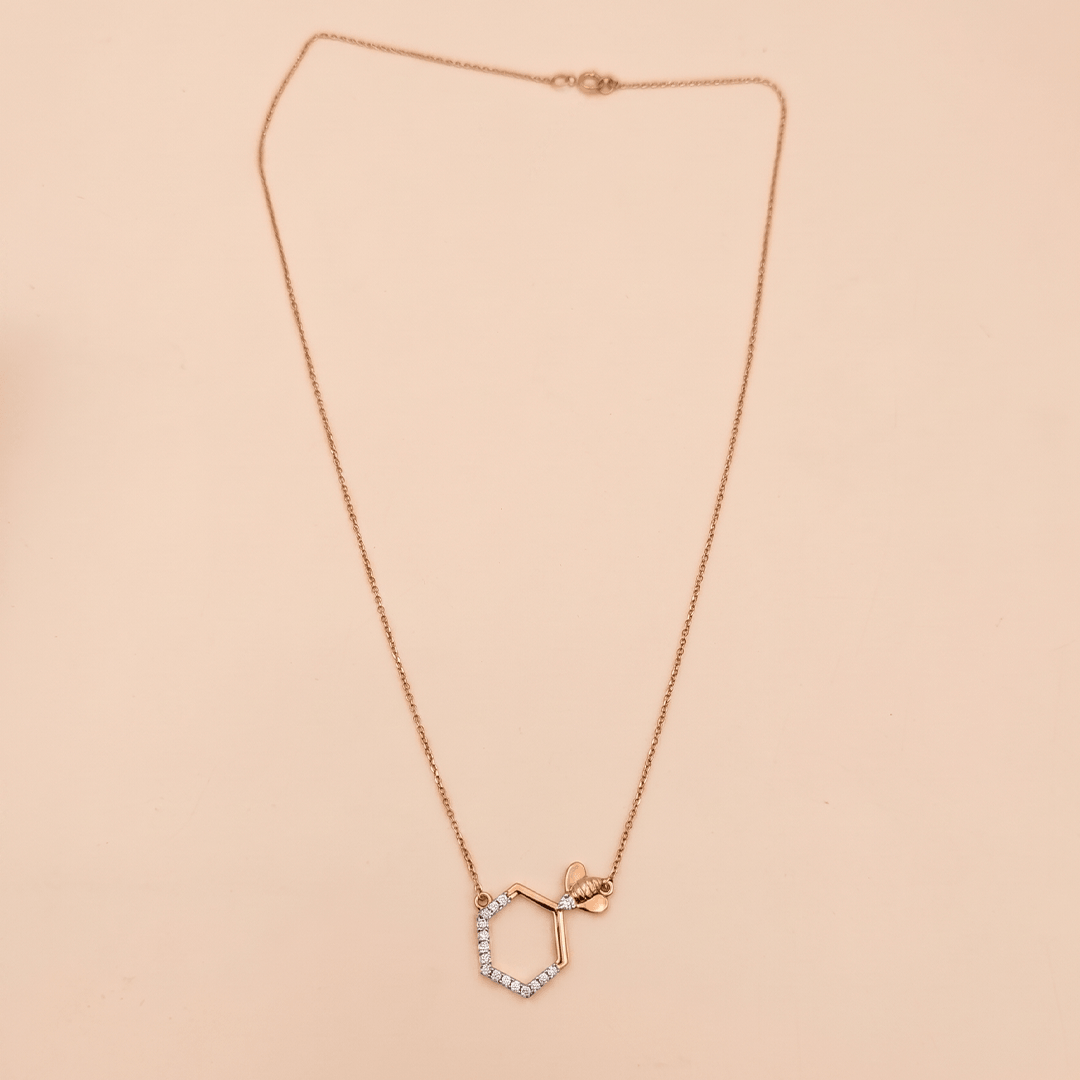 Charming Honeycomb & Bee Diamond Necklace in 18K Rose Gold