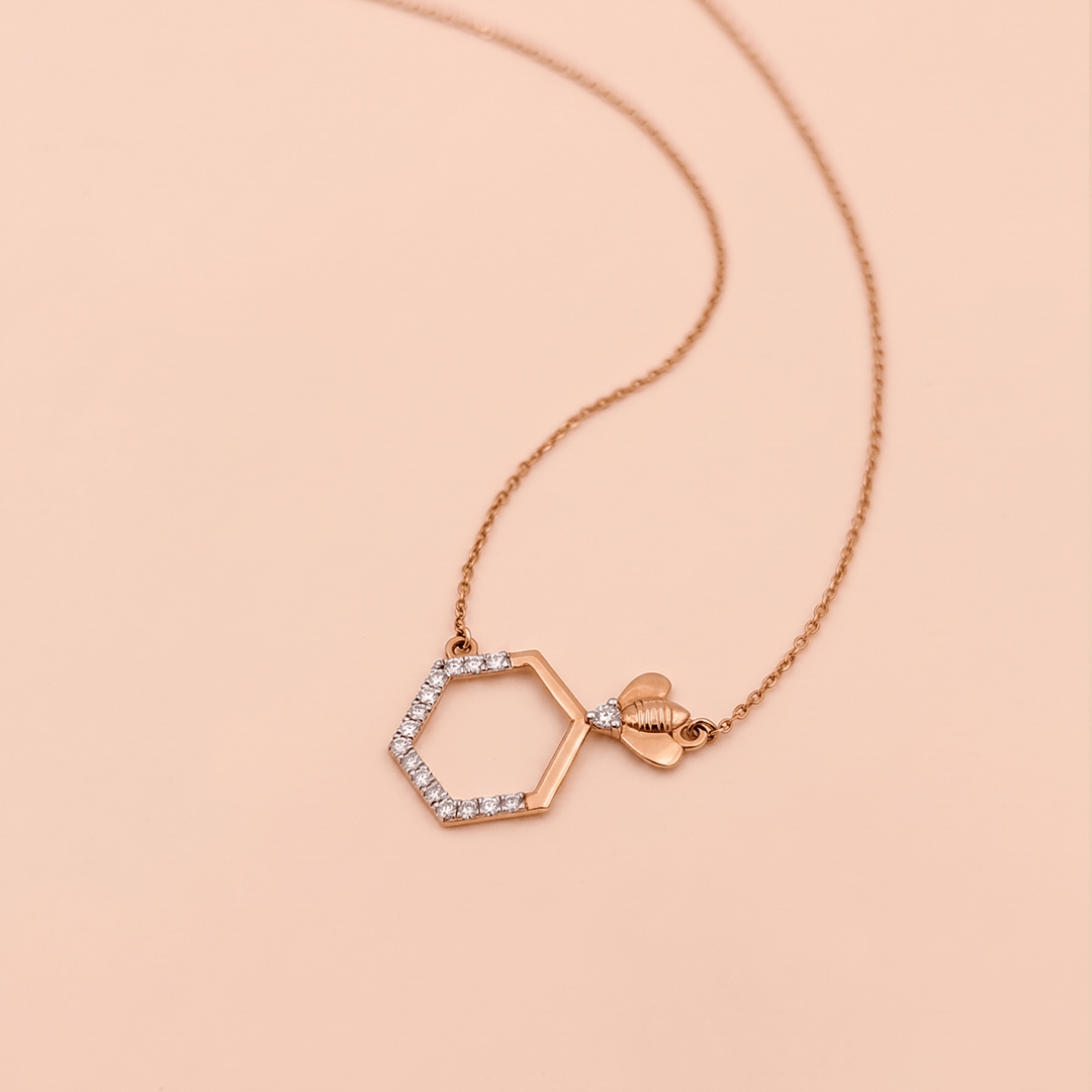 Charming Honeycomb & Bee Diamond Necklace in 18K Rose Gold