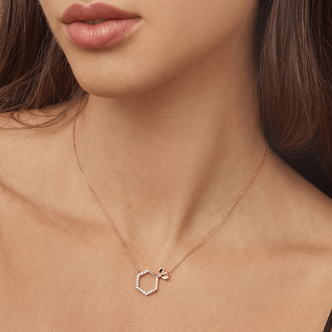 Charming Honeycomb & Bee Diamond Necklace in 18K Rose Gold