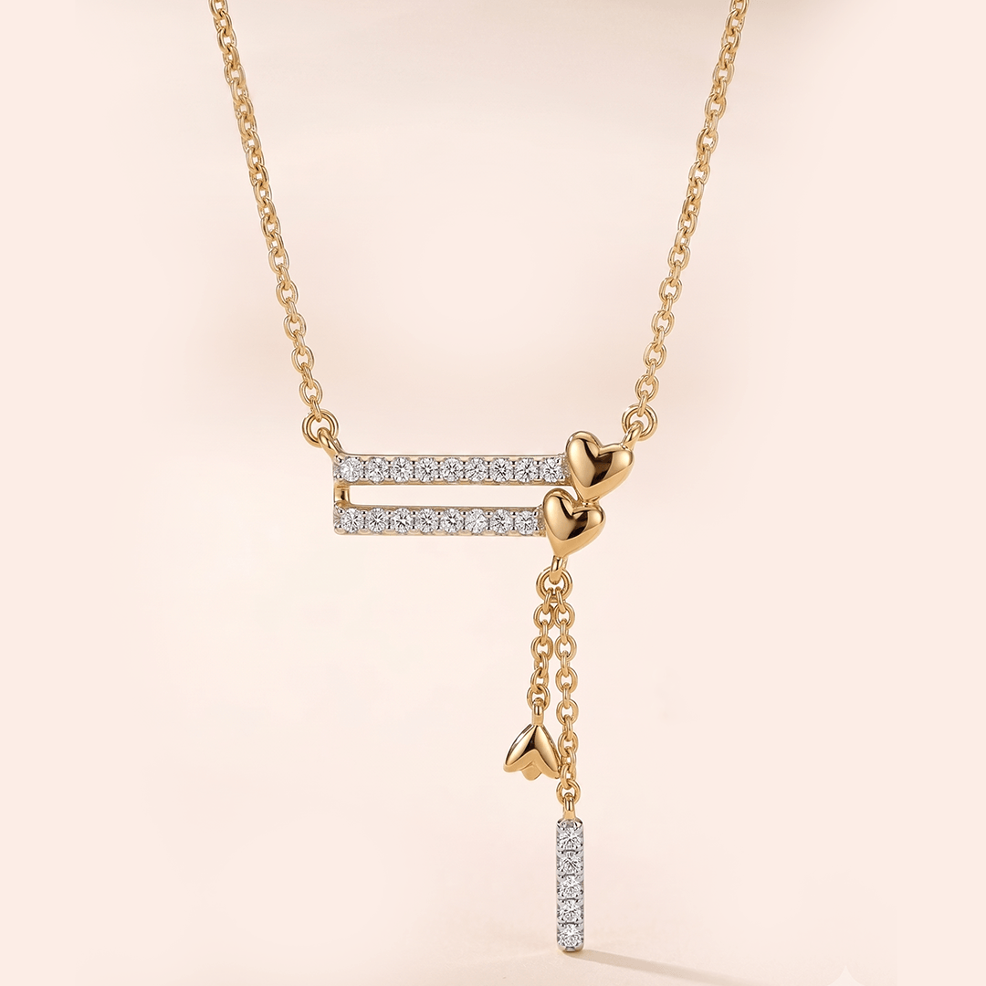 Modern Asymmetrical Double Bar & Heart Fringe Diamond Necklace in 18K Yellow Gold