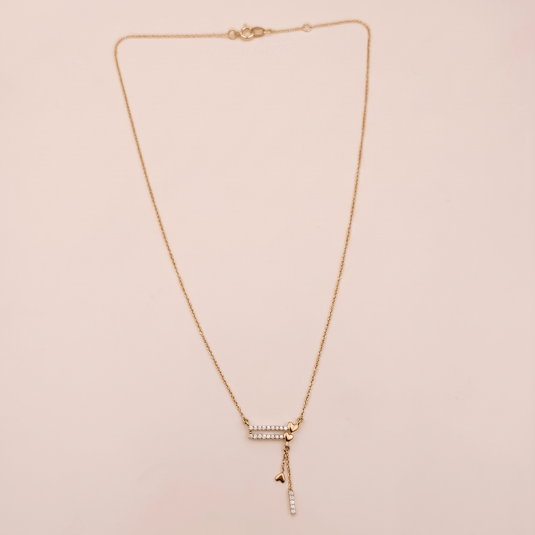 Modern Asymmetrical Double Bar & Heart Fringe Diamond Necklace in 18K Yellow Gold