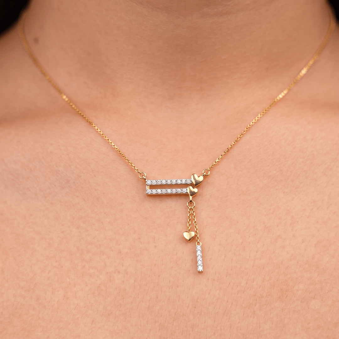 Modern asymmetrical double bar & heart fringe diamond necklace in 18k yellow gold