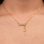 Load image into Gallery viewer, Modern Asymmetrical Double Bar &amp; Heart Fringe Diamond Necklace in 18K Yellow Gold
