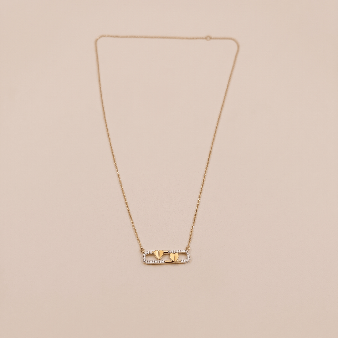 Modern Open Oval Double Heart Diamond Necklace in 18K Yellow Gold