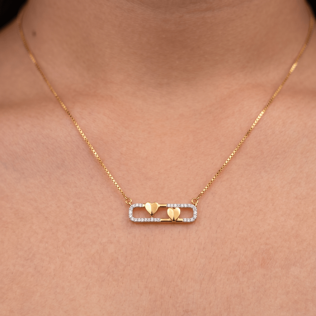 Modern Open Oval Double Heart Diamond Necklace in 18K Yellow Gold