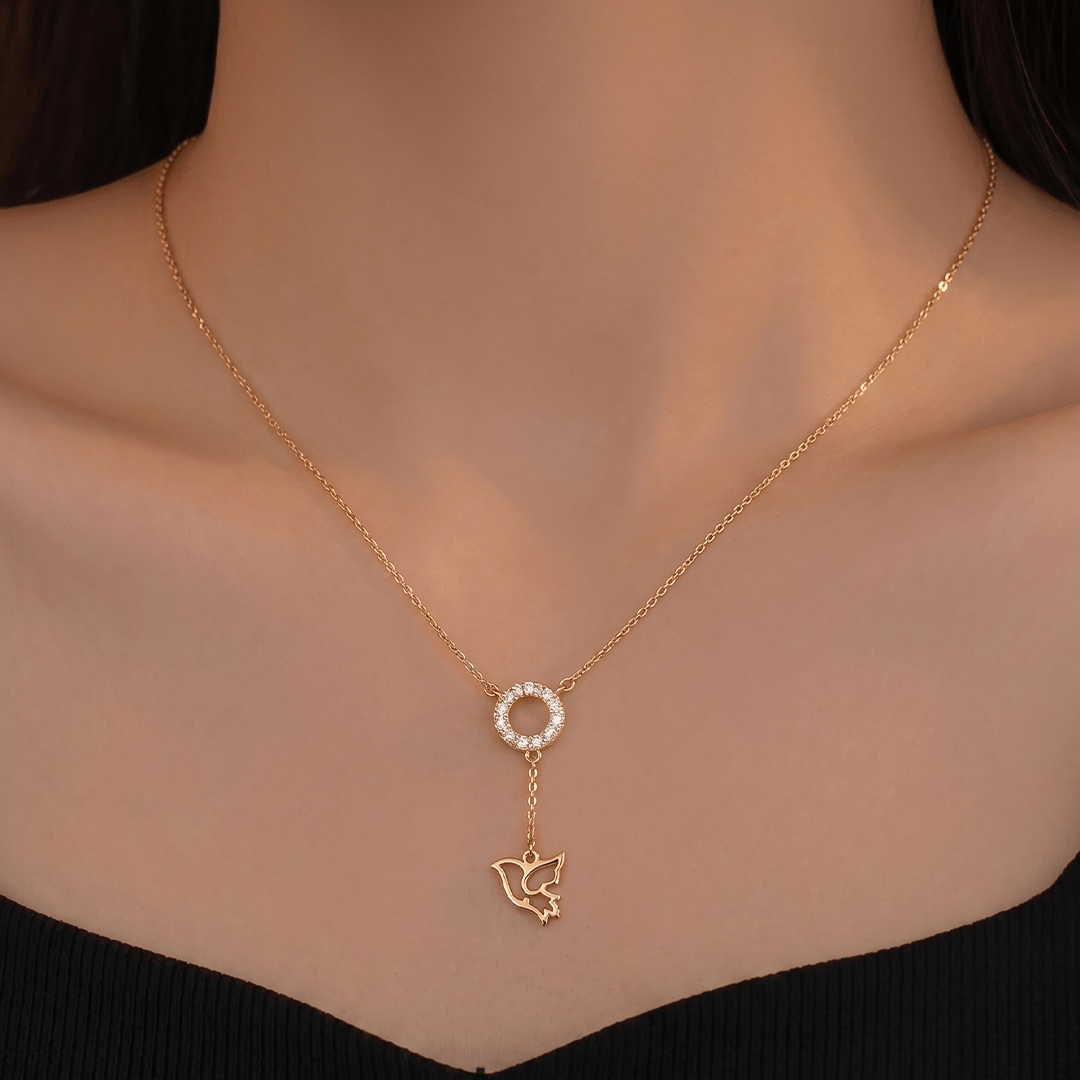 Delicate Diamond Circle & Dove Lariat Necklace in 18K Rose Gold