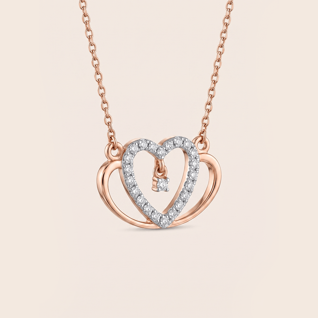Radiant Nested Double Heart Diamond Necklace in 18K Rose Gold