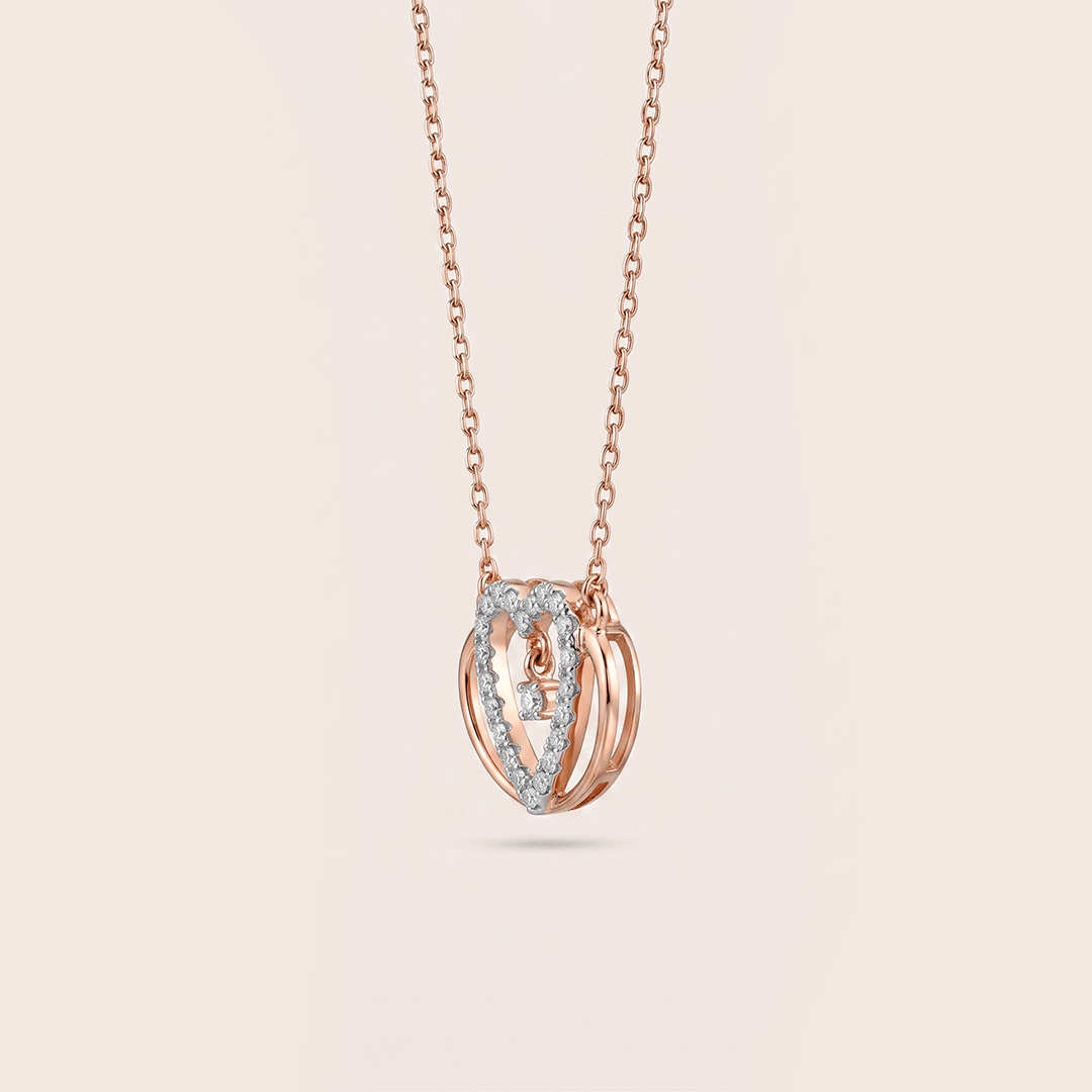 Radiant Nested Double Heart Diamond Necklace in 18K Rose Gold