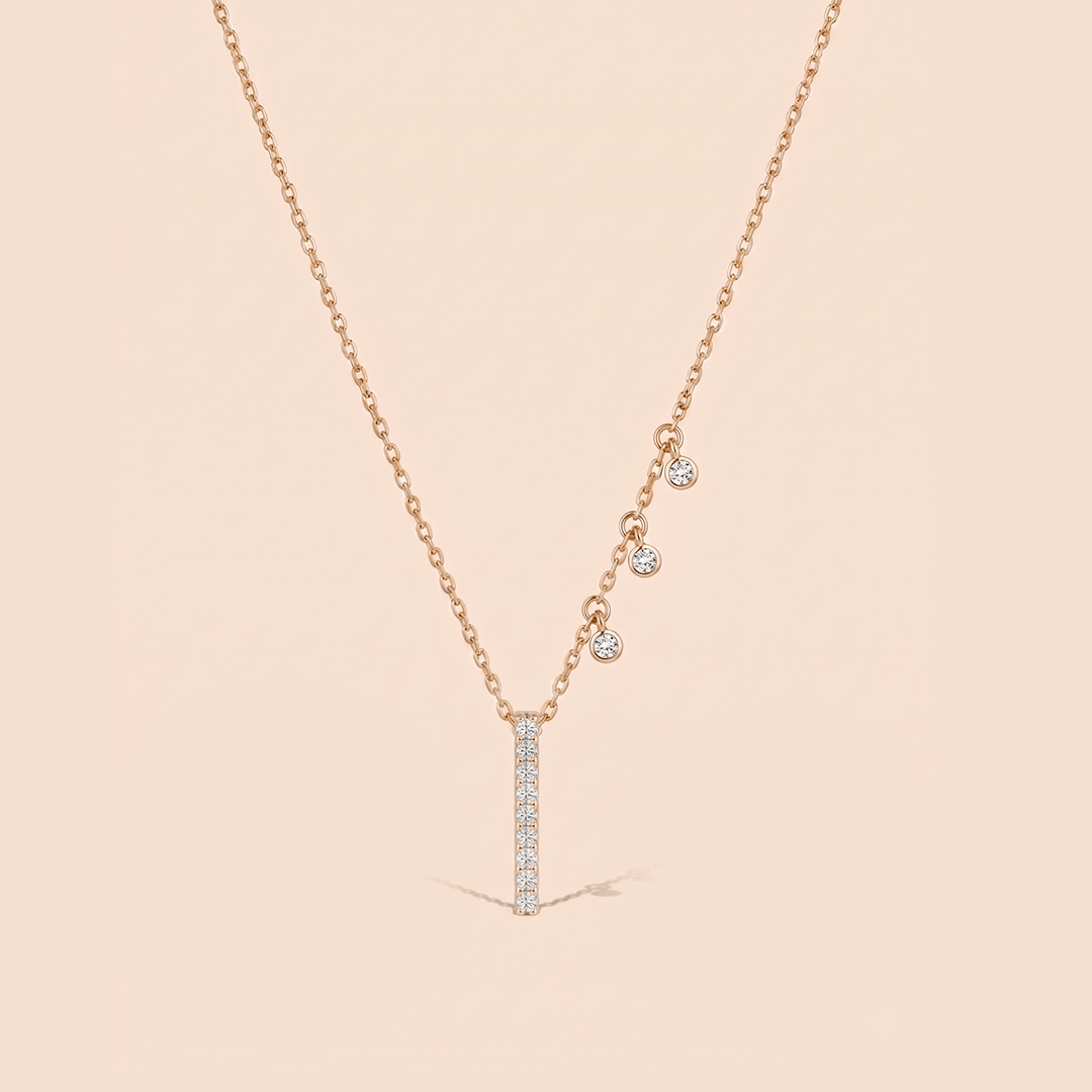 Asymmetrical Linear Bar & Diamond Drop Necklace in 18K Rose Gold