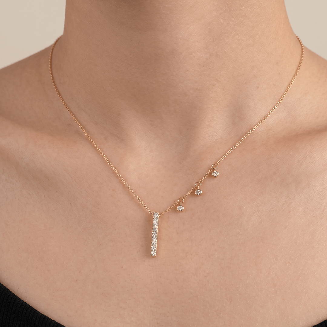 Asymmetrical Linear Bar & Diamond Drop Necklace in 18K Rose Gold