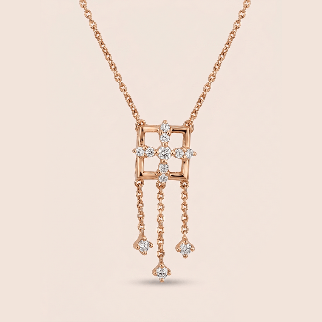 Modern Geometric Diamond Fringe Necklace in 18K Rose Gold