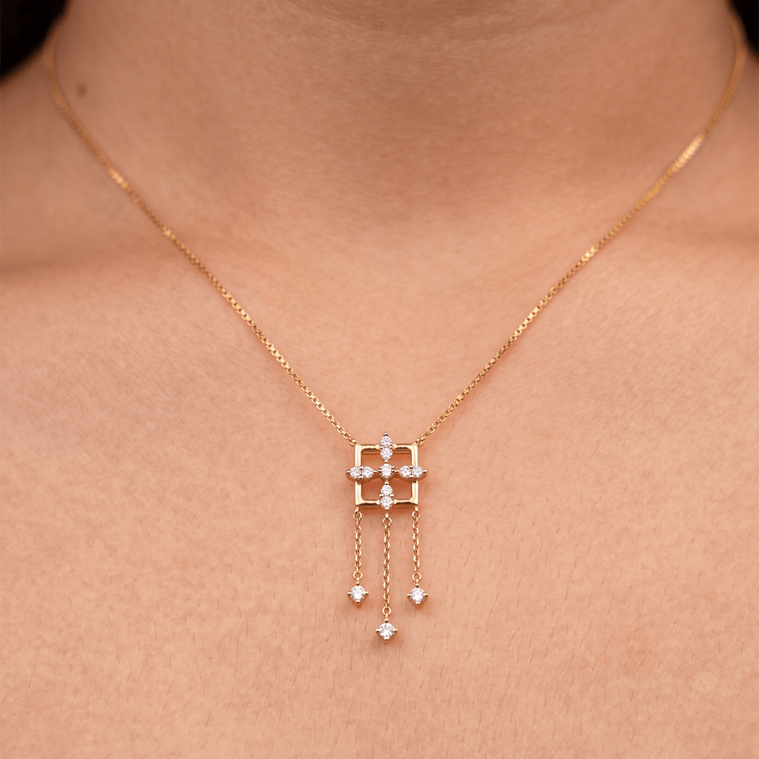 Modern Geometric Diamond Fringe Necklace in 18K Rose Gold