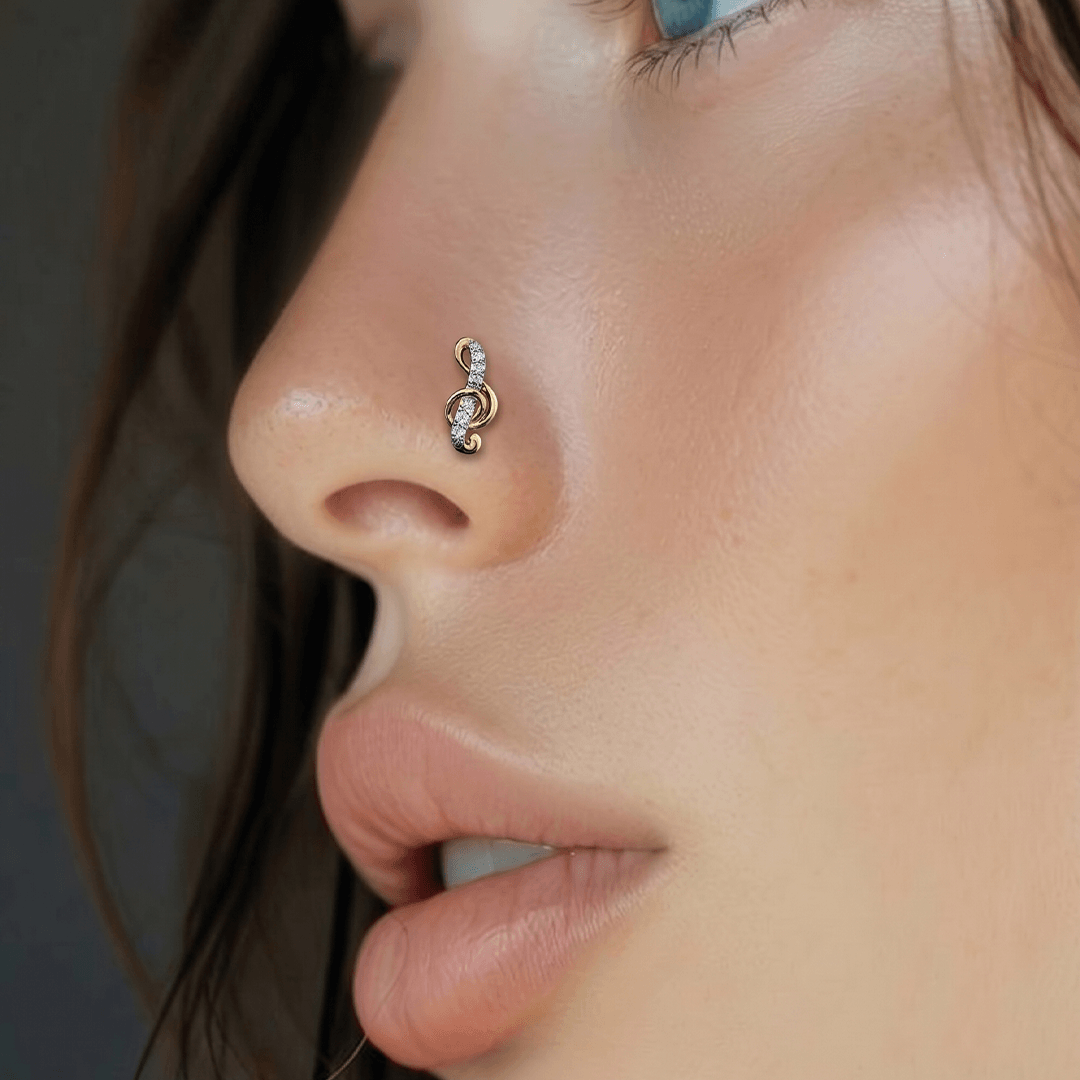 Musical Treble Clef Diamond Nose Pin in 18K Yellow Gold