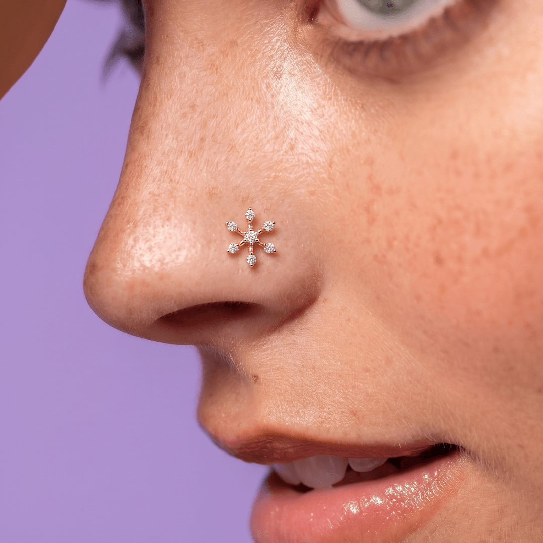 Delicate Snowflake Diamond Nose Pin in 18K Yellow Gold